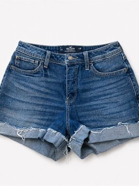 Hollister Women's Dark Blue Distressed Roll-Cuff Denim Shorts